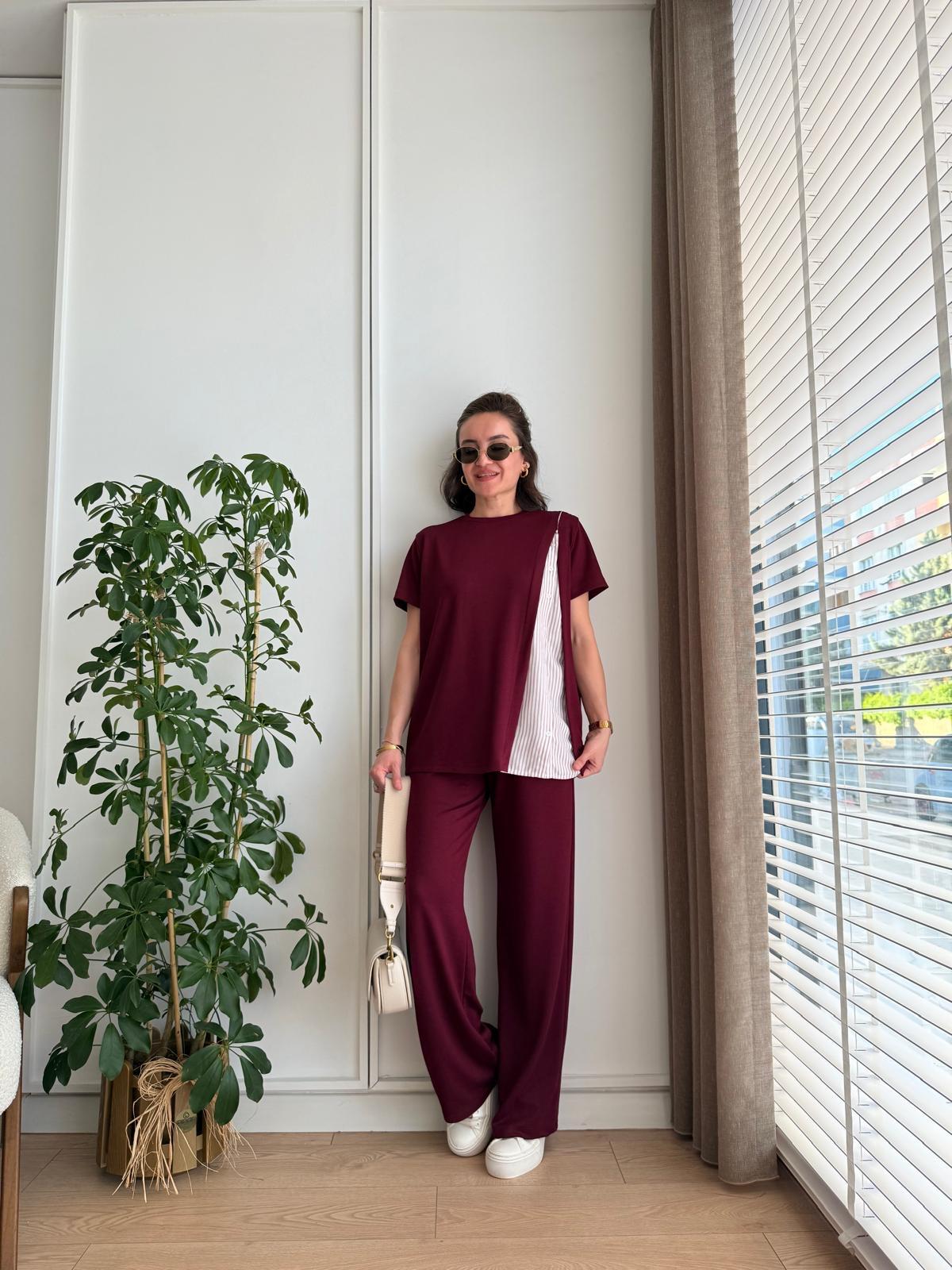 Bordo Poplin Düğme Detaylı Takım 2222