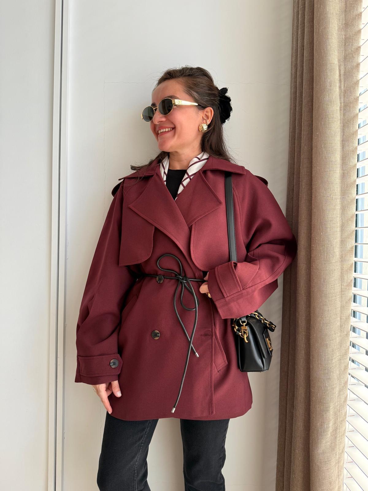 Bordo Premium Seri Allerli Kısa Trençkot 7488