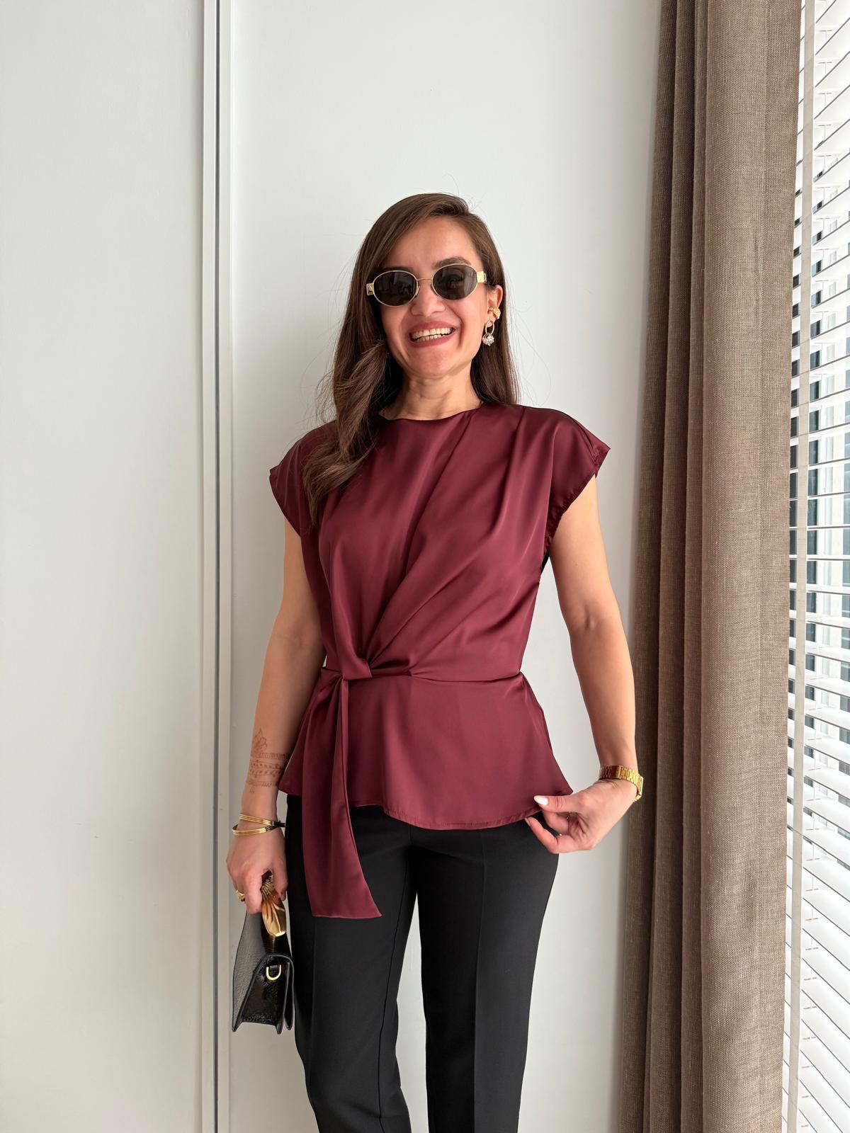 Bordo Premium Seri Bağcık Detaylı Saten Bluz 242201