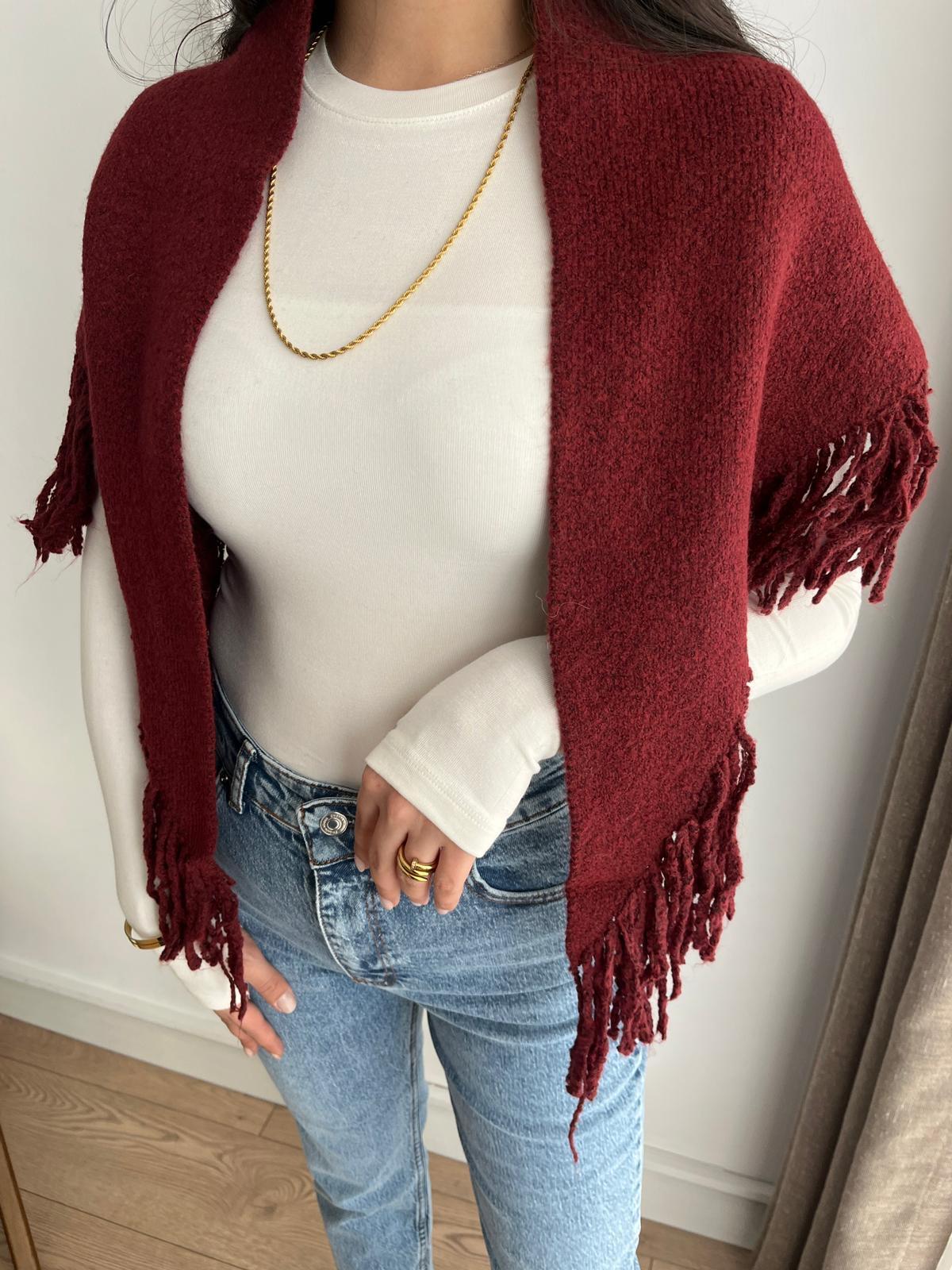 Bordo Püsküllü Üçgen Triko Şal 14811