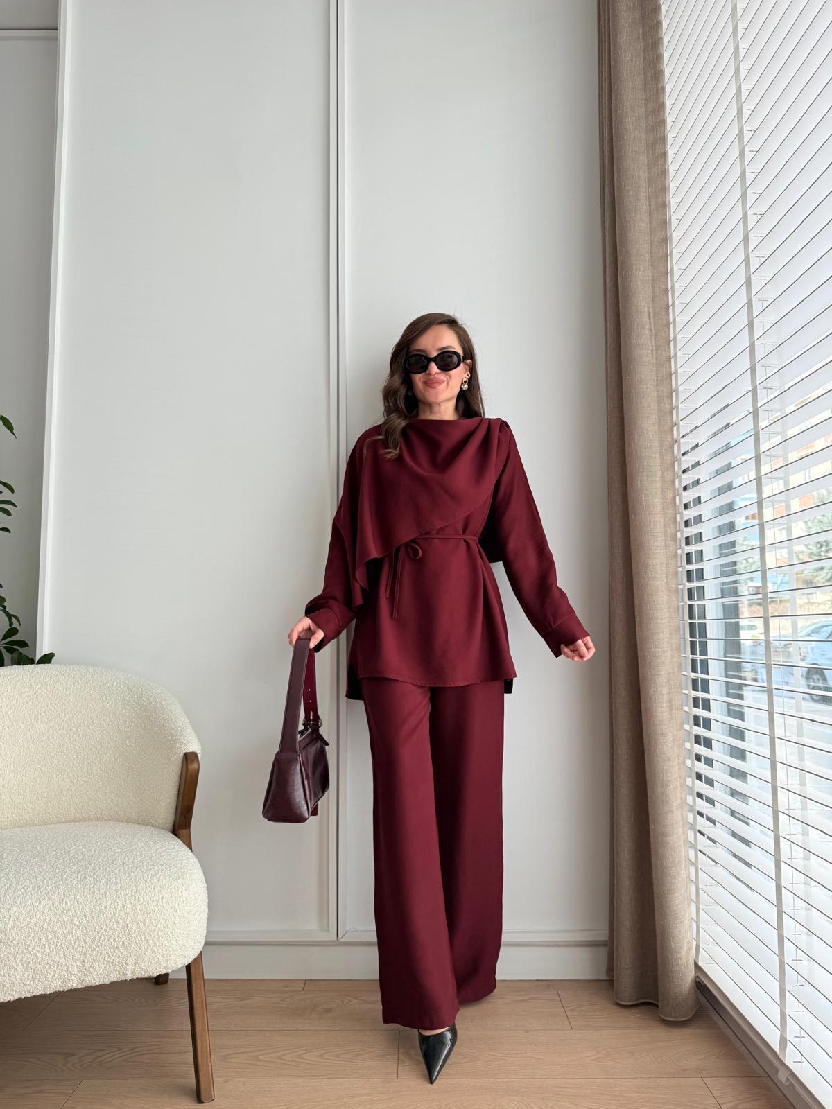 Bordo Şal Yaka Tasarım Bluz Pantolon Takım 8625