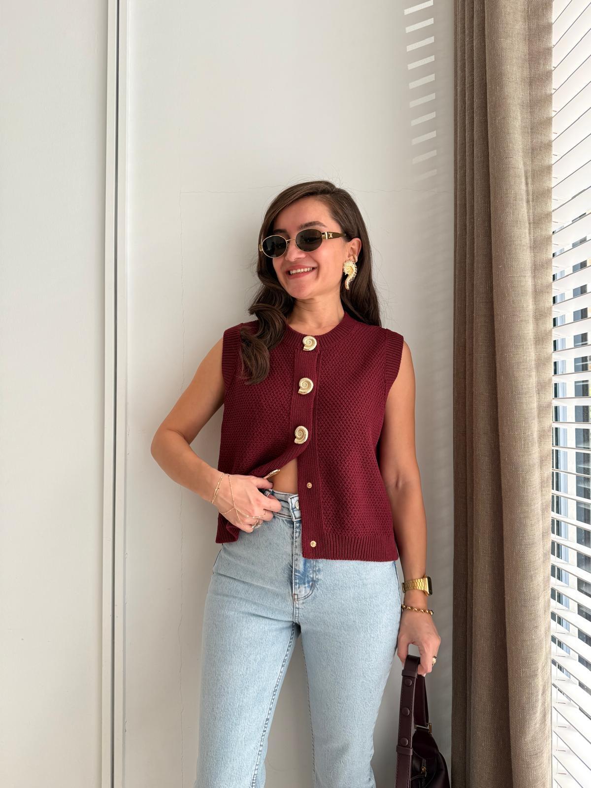 Bordo Salyangoz Düğmeli Yelek 4925