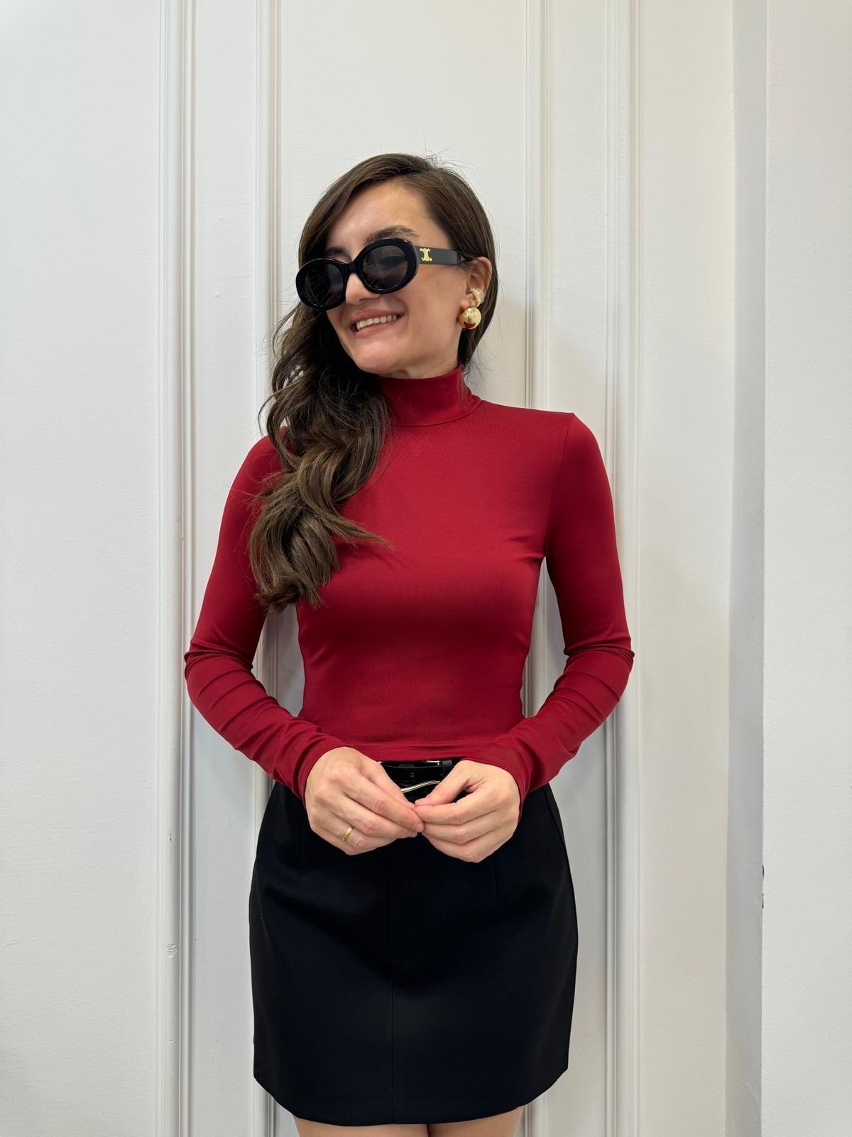 Bordo Sandy Kumaş Likralı  Uzun Kollu Bluz 210056