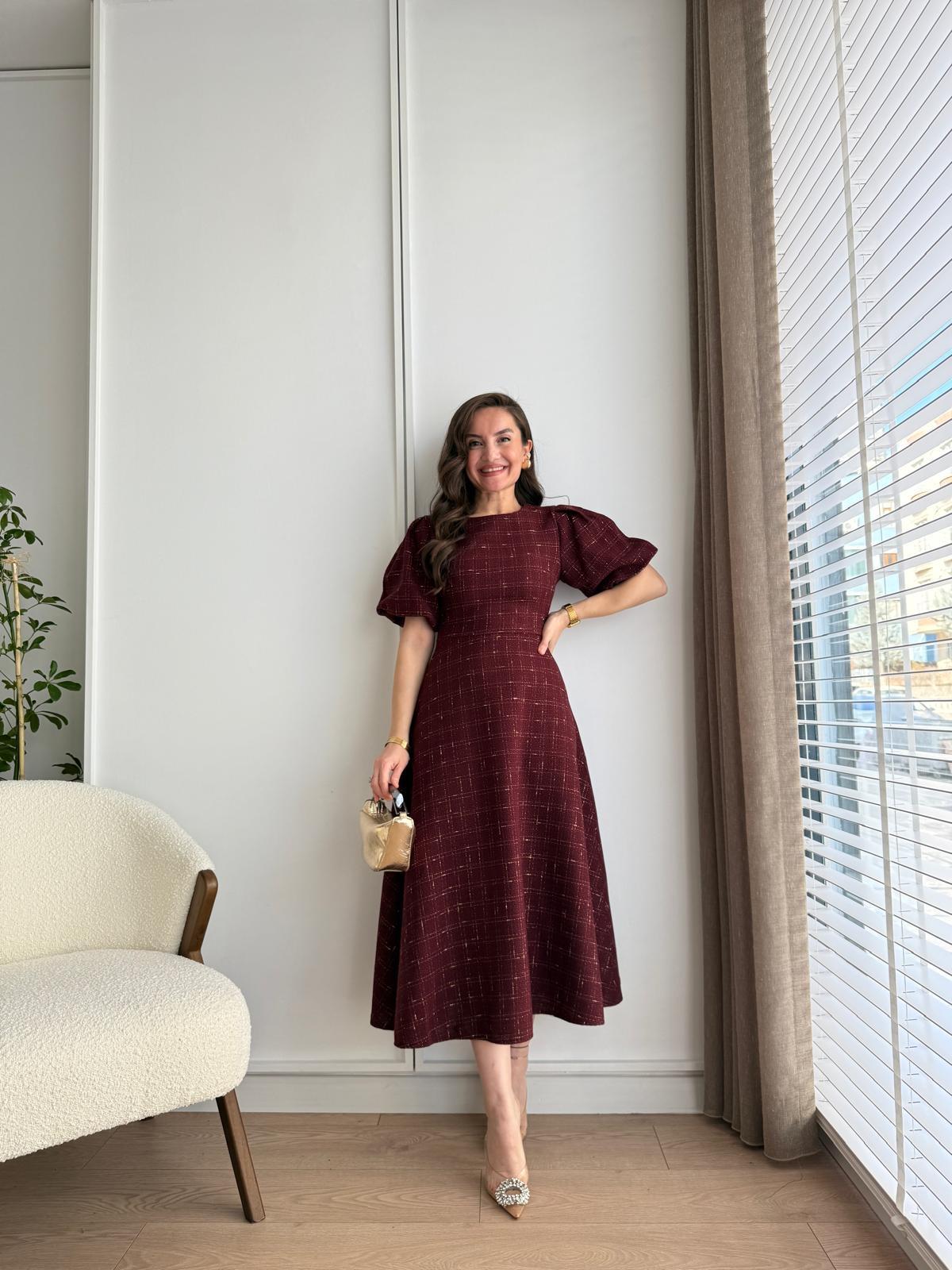 Bordo Sim Geçişli Balon Kol Tüvit Elbise 1245