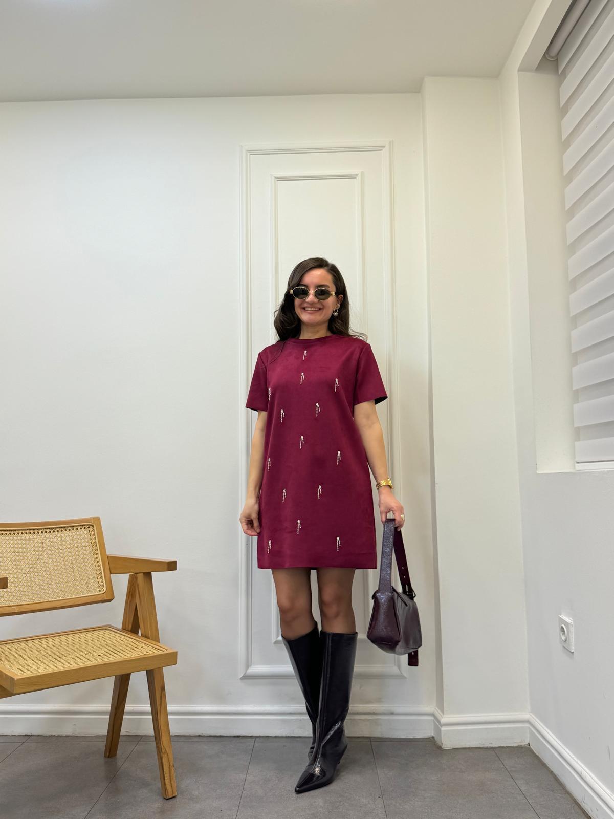 Bordo Taş Detaylı Süet Elbise 106