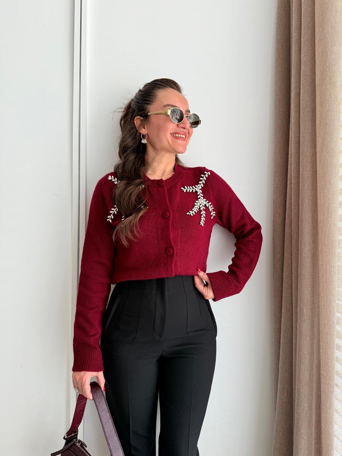 Bordo Taş Detaylı Triko Hırka 241155