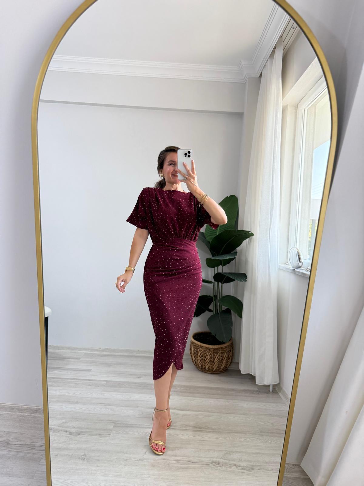 Bordo Taşlı Drape Detaylı Yarımkol Elbise 1313