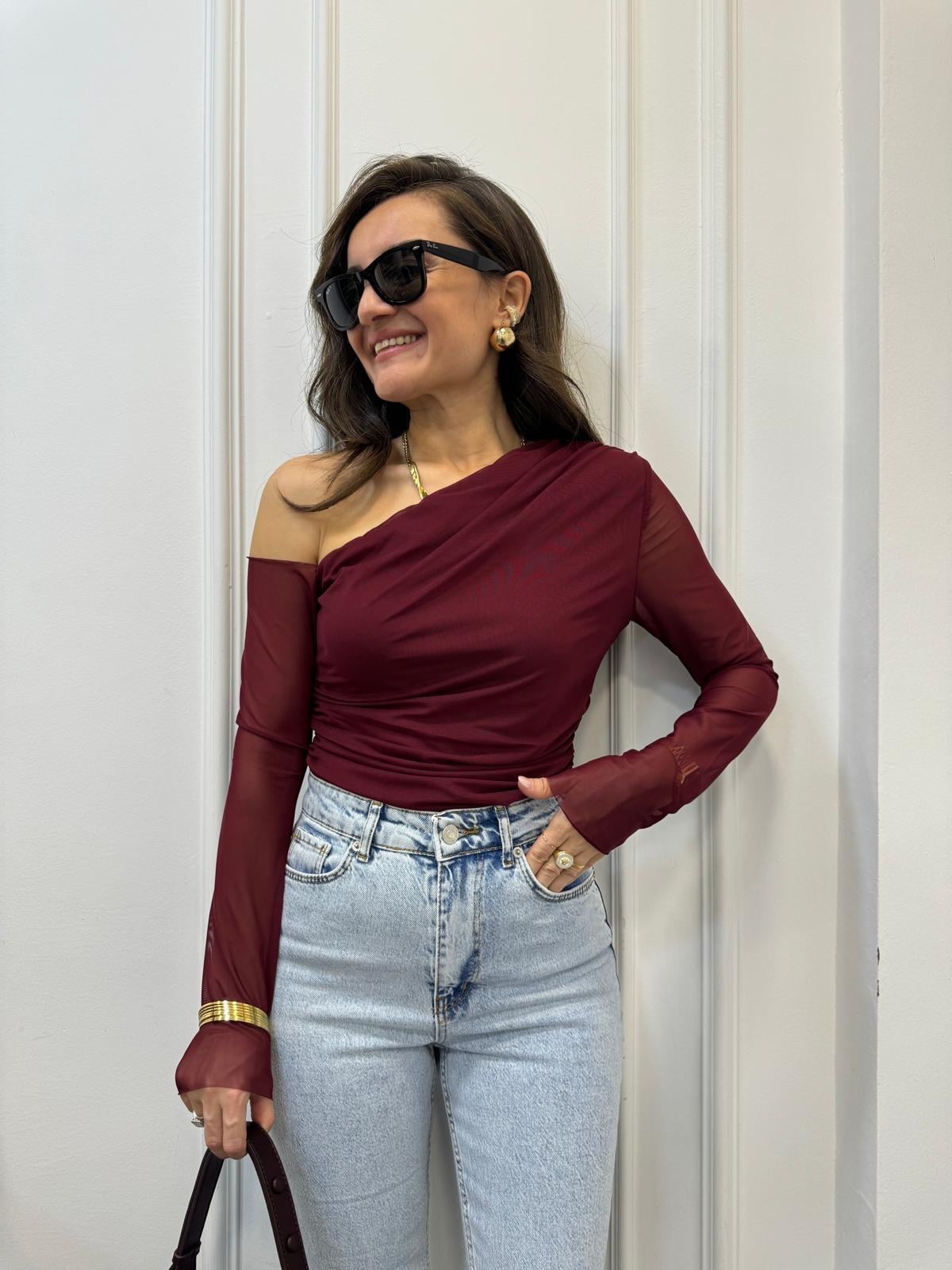 Bordo Tek Omuz Detaylı Yan Drapeli Tül Crop 3322
