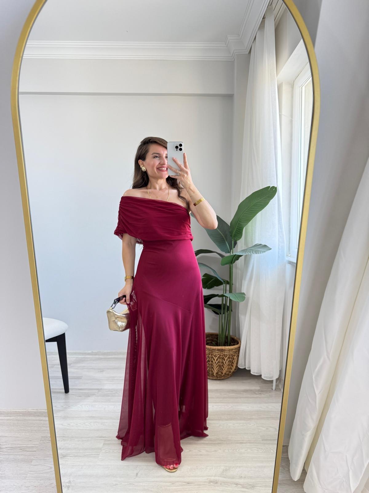 Bordo Tek Omuz Volanlı Elbise 5171