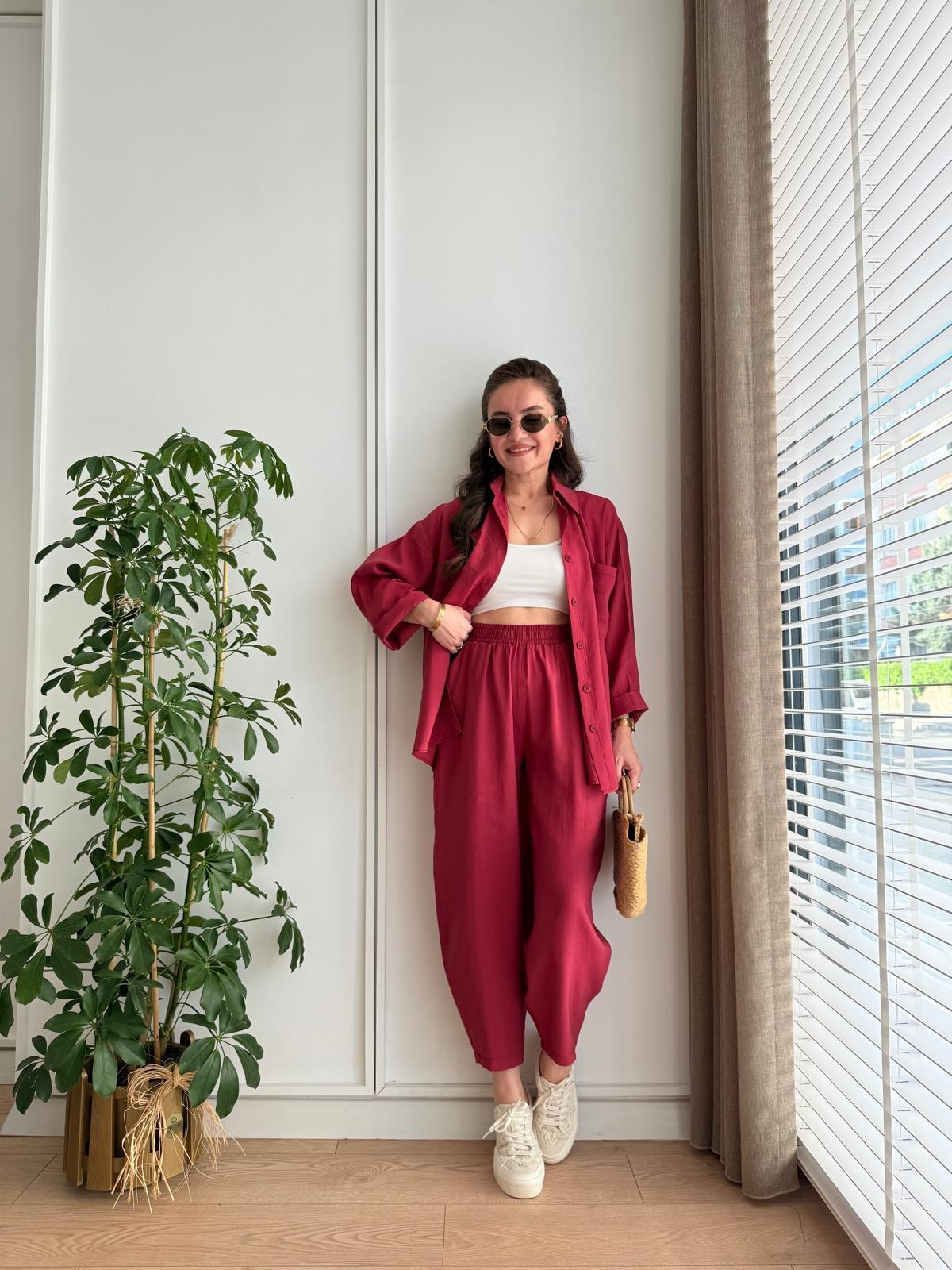 Bordo Tensel Kumaş Havuç Pantolon Gömlek Takım 8561