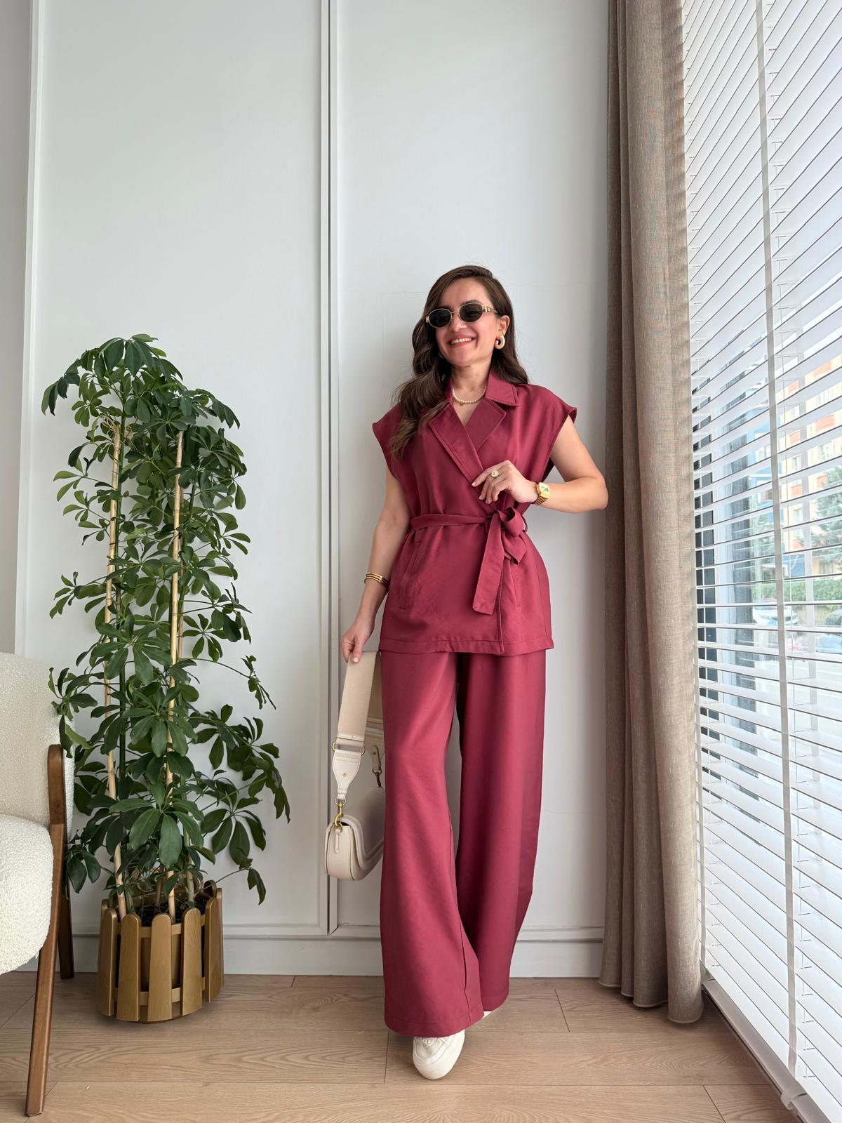 Bordo Tensel Kumaş Kuşaklı Yelek Pantolon Takım 3789