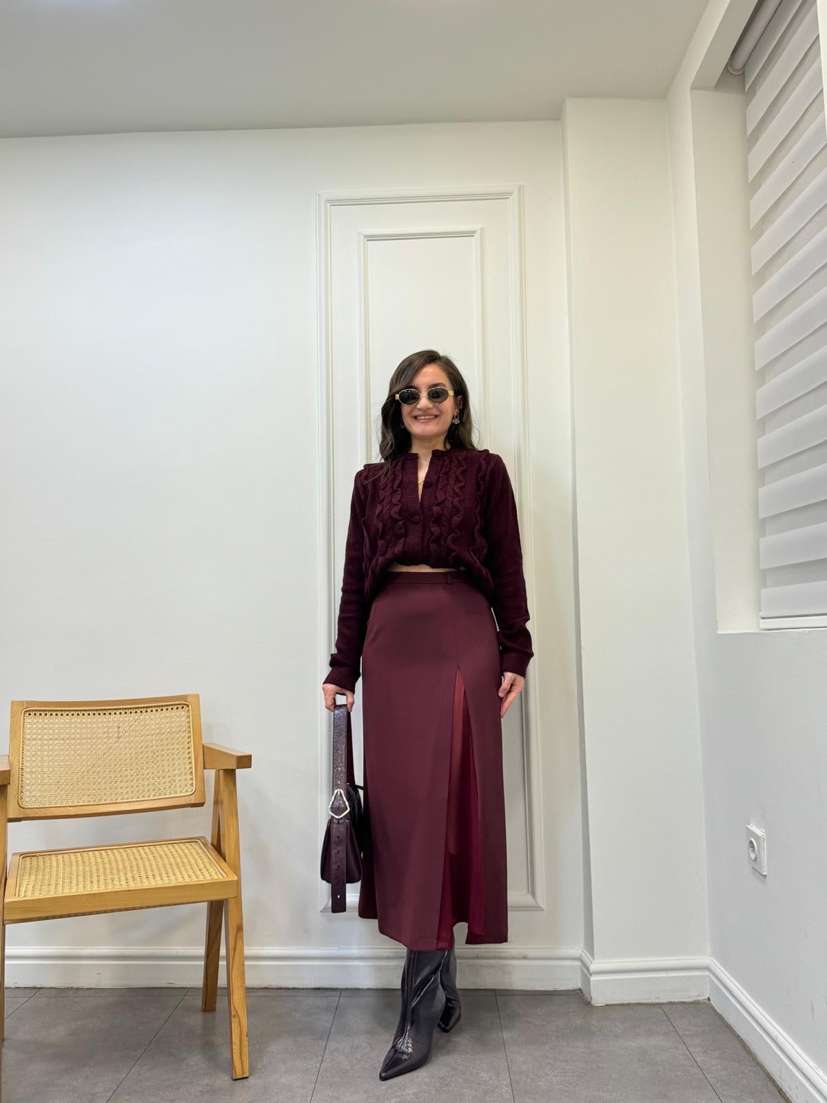 Bordo Transparan Yırtmaç Detaylı Etek 1099