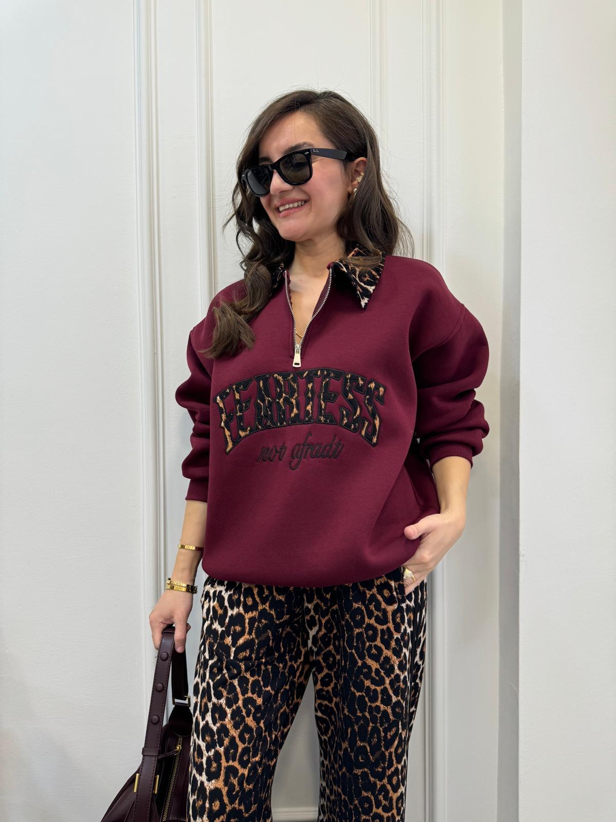 Bordo Üç İplik Leopar Desen Polo Yaka Sweatshirt 066
