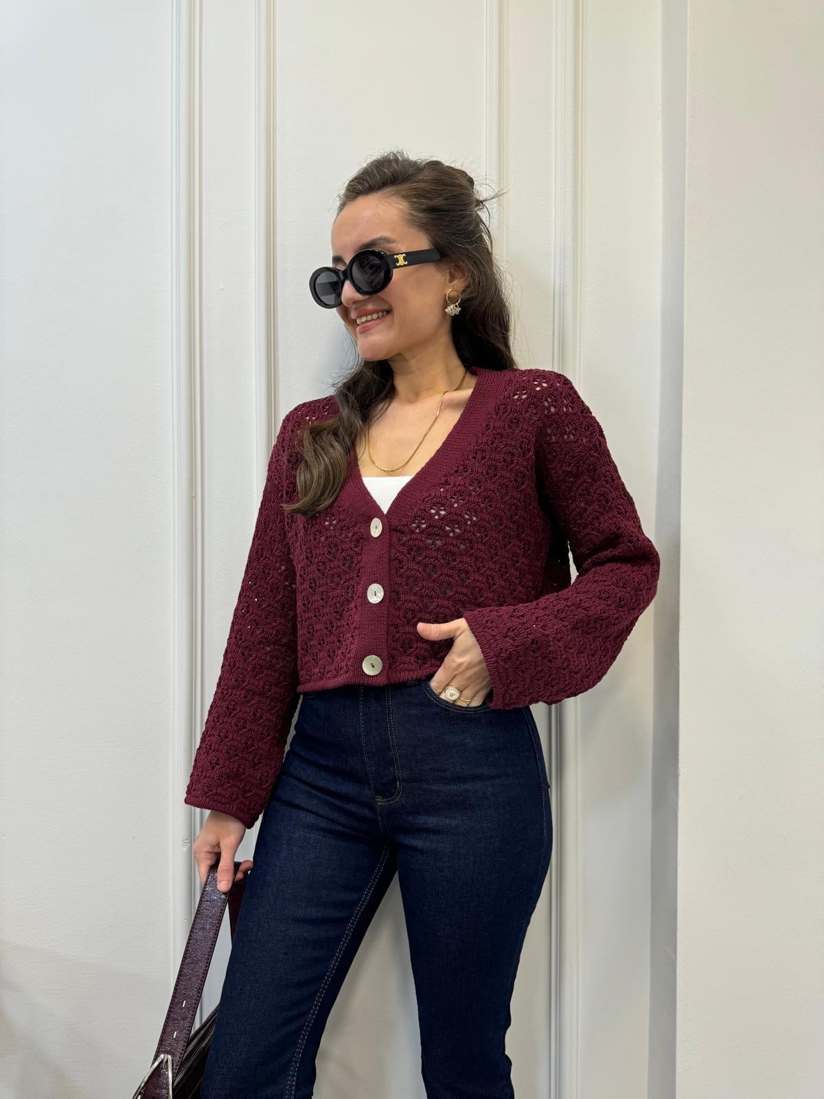 Bordo V Yaka Ajurlu Crop Hırka 4432