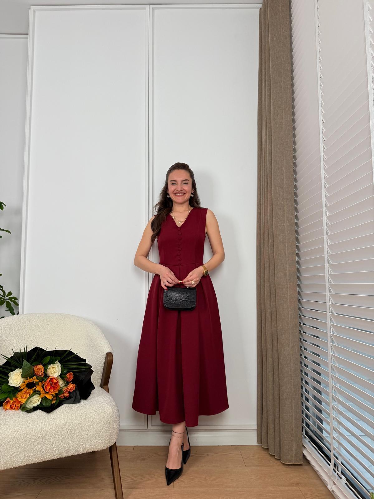 Bordo V Yaka Düğme Detaylı Midi Boy Elbise 1201