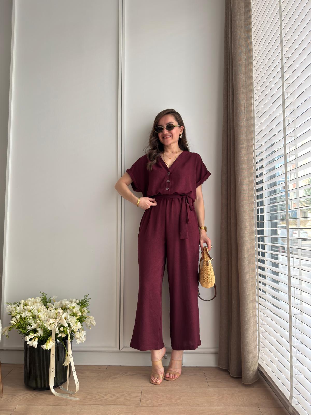 Bordo V Yaka Düğme Detaylı Tulum 861