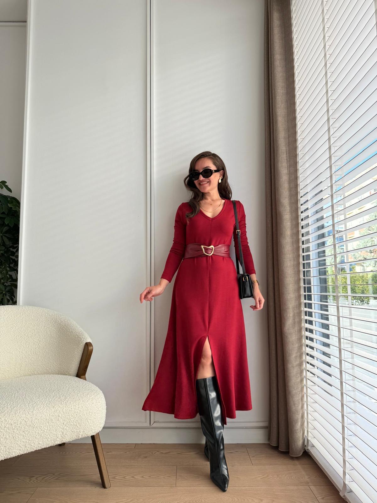 Bordo V Yaka Kemerli Kloş Elbise 112014