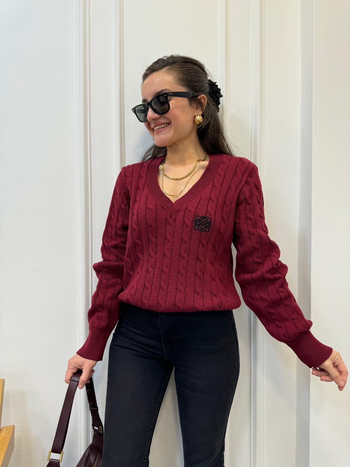Bordo V Yaka Saç Örgü Triko Kazak 2428
