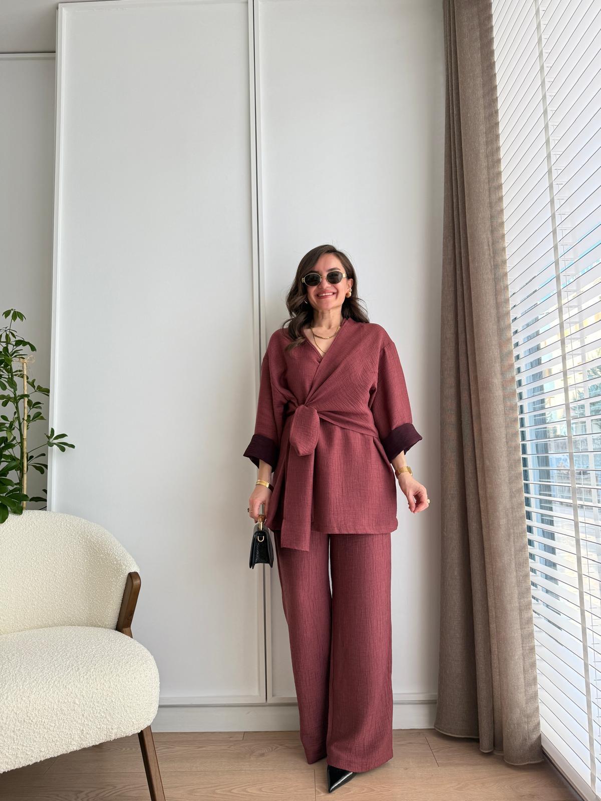 Bordo V Yaka Yan Bağlama Kimono Takım 8534