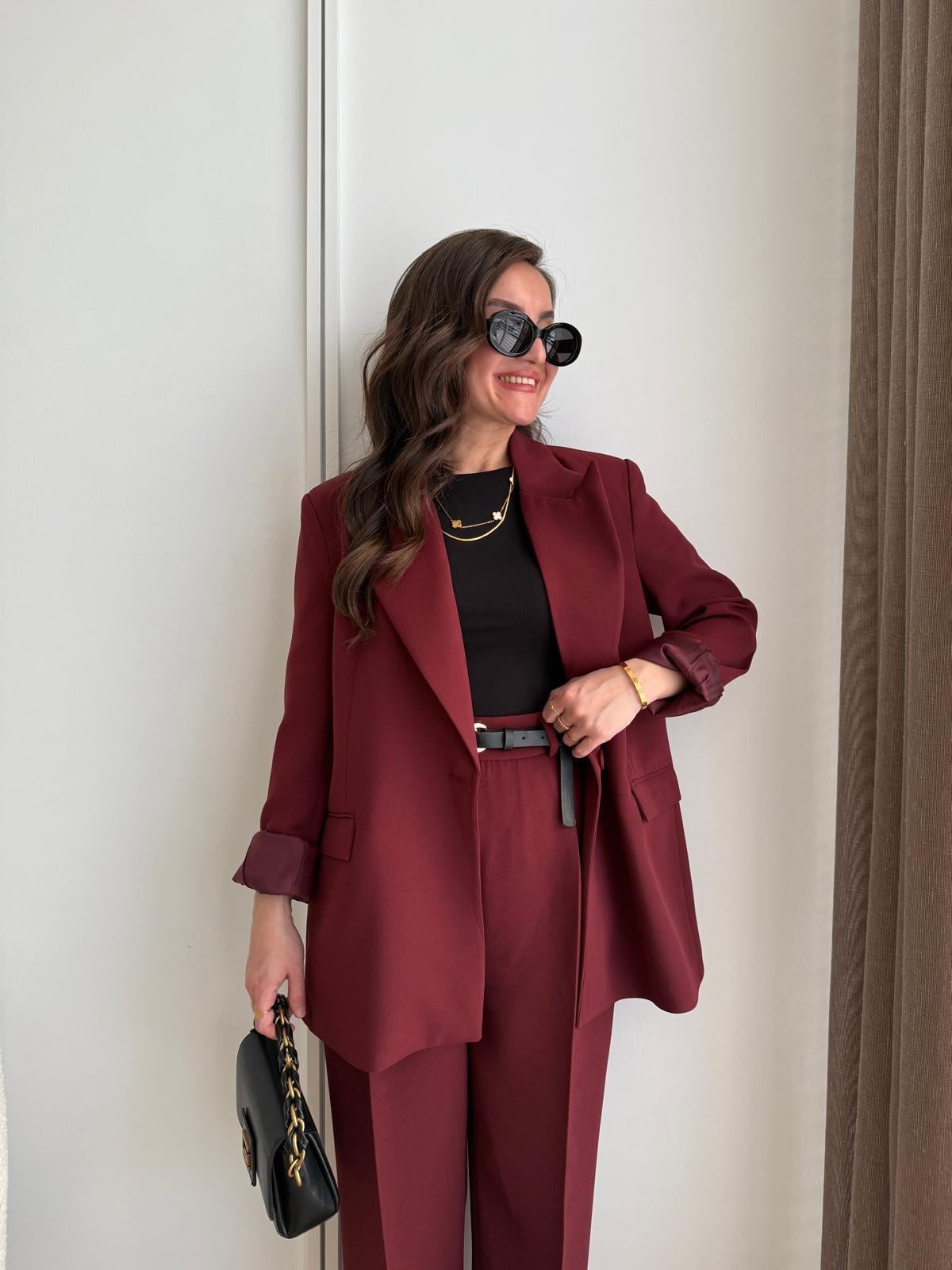 Bordo Vatkalı Düğmeli Blazer Ceket 7462
