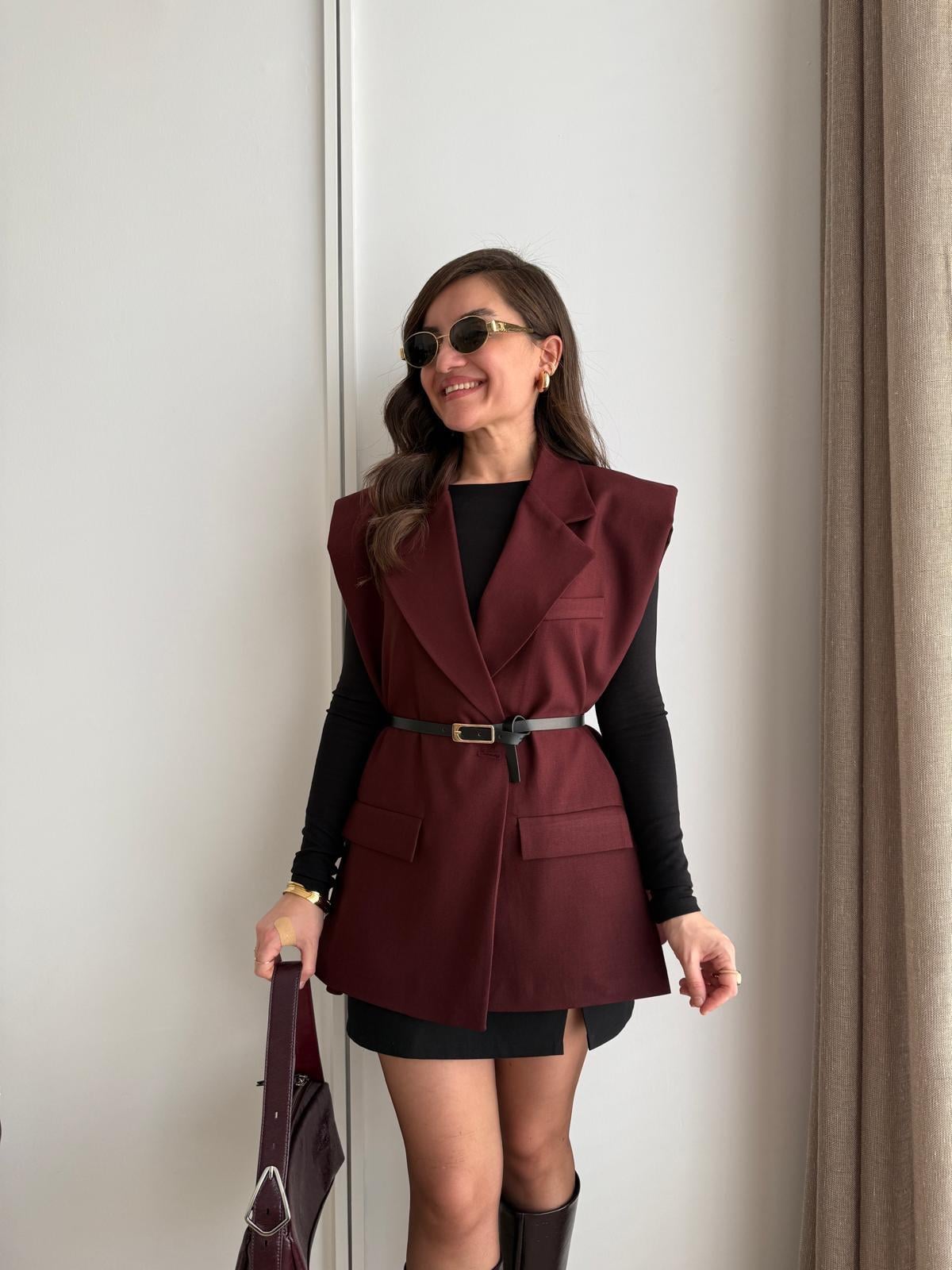 Bordo Vatkalı Kemerli Yelek 7449