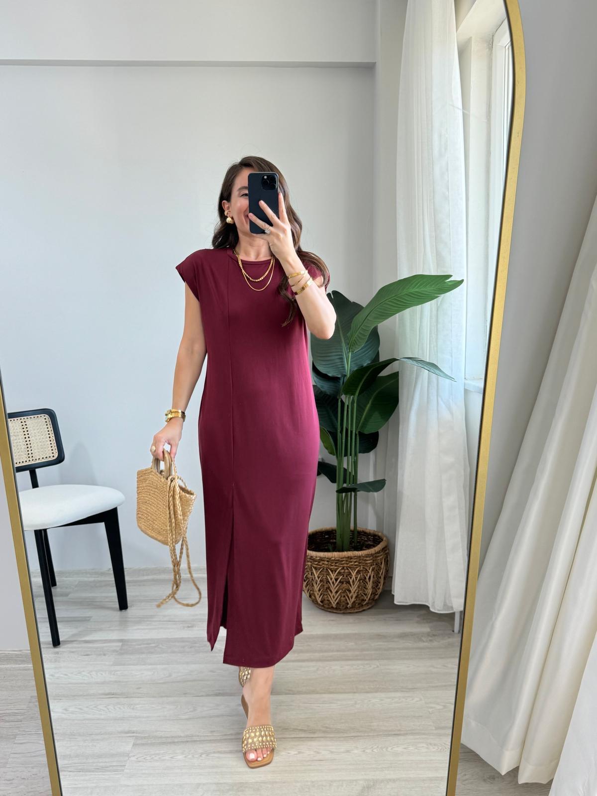 Bordo Vatkalı Yırtmaçlı Modal Kumaş Elbise 1018