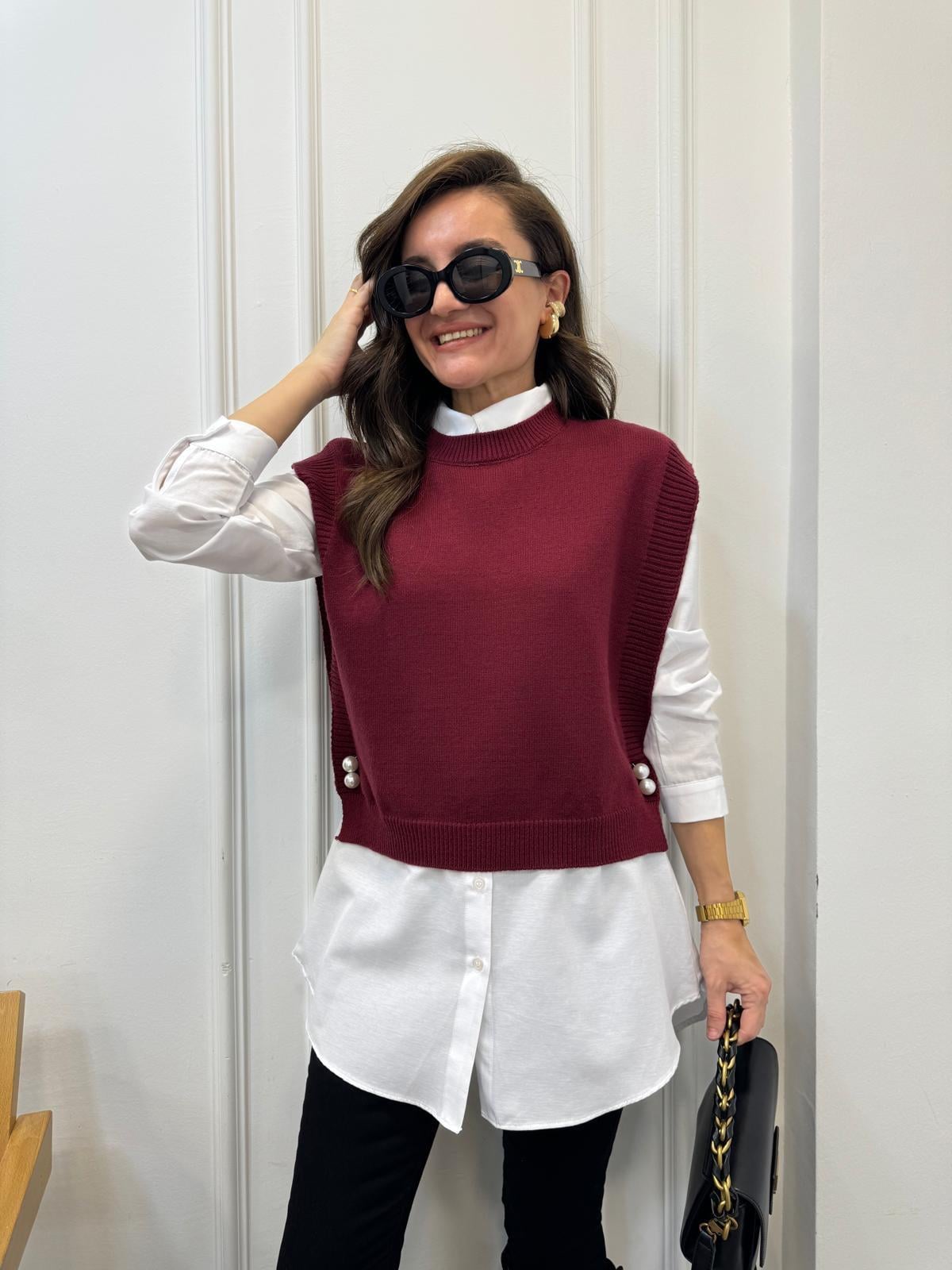 Bordo Yan İnci Detaylı Süveter Gömlek Takım 94517