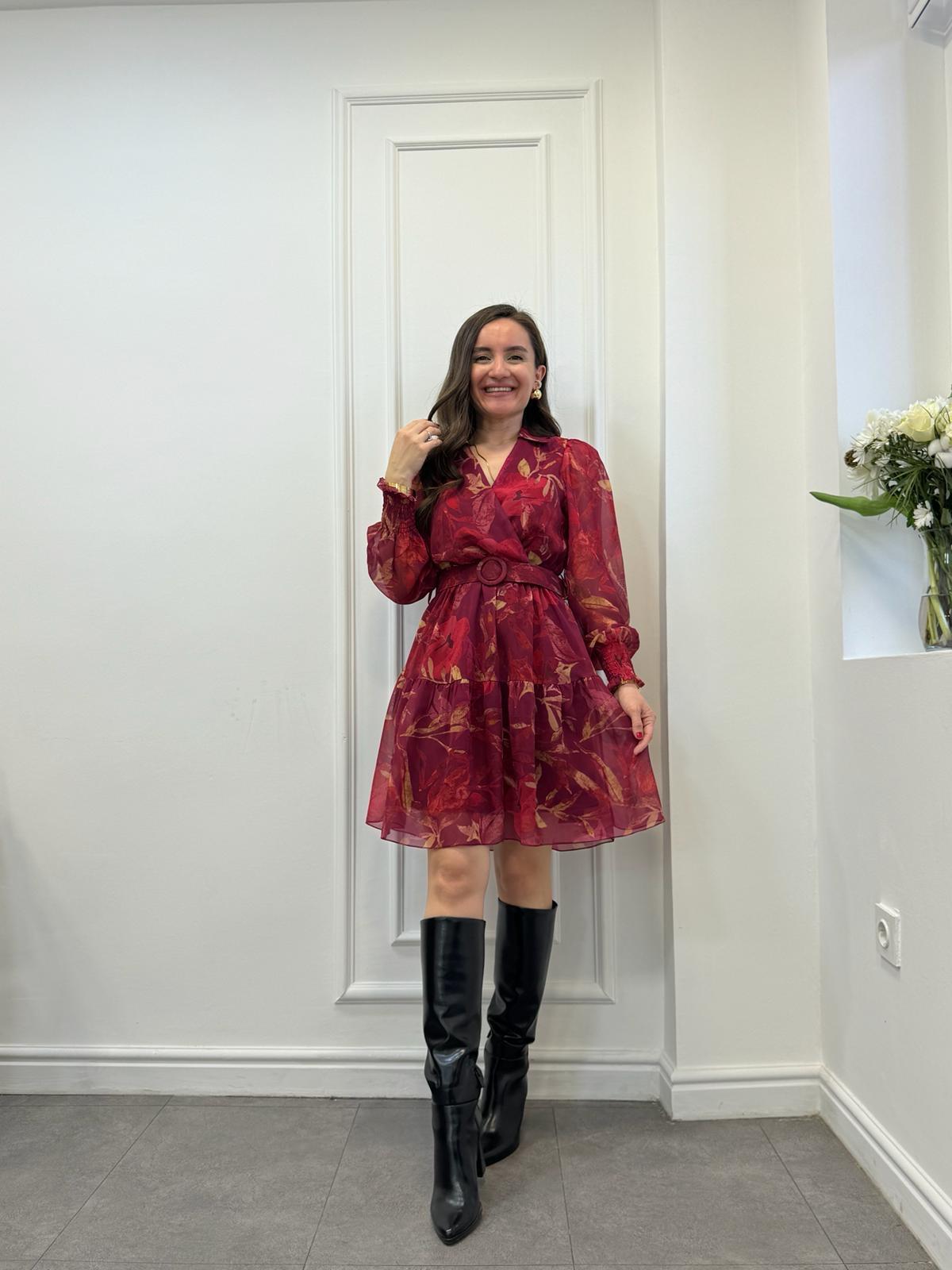 Bordo Yaprak Desenli Beli Kemerli Elbise 3349