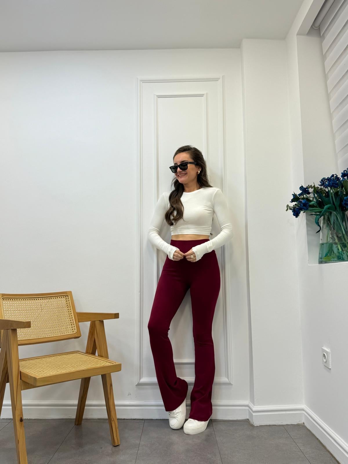 Bordo Yüksek Bel İspanyol Paça Kaşkorse Pantolon 2024