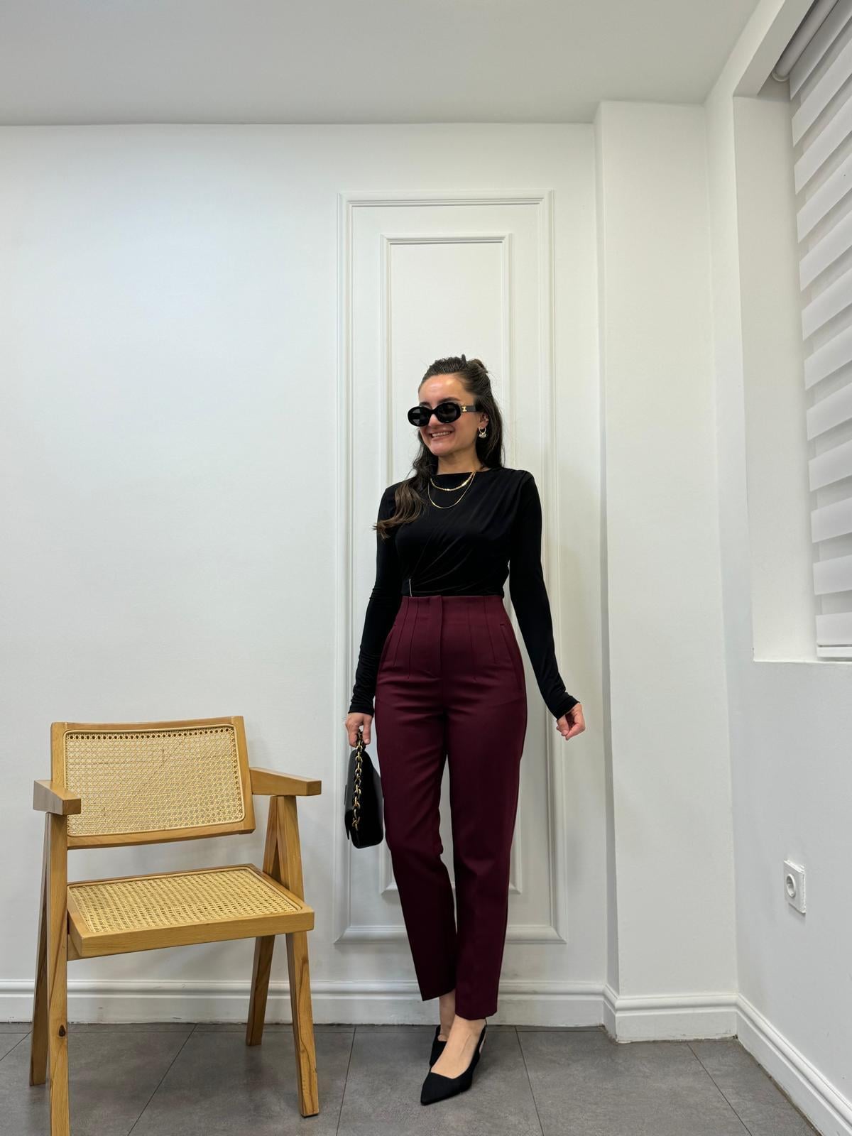 Bordo Yüksek Bel Önü Flotalı Kumaş Pantolon Karol 5113