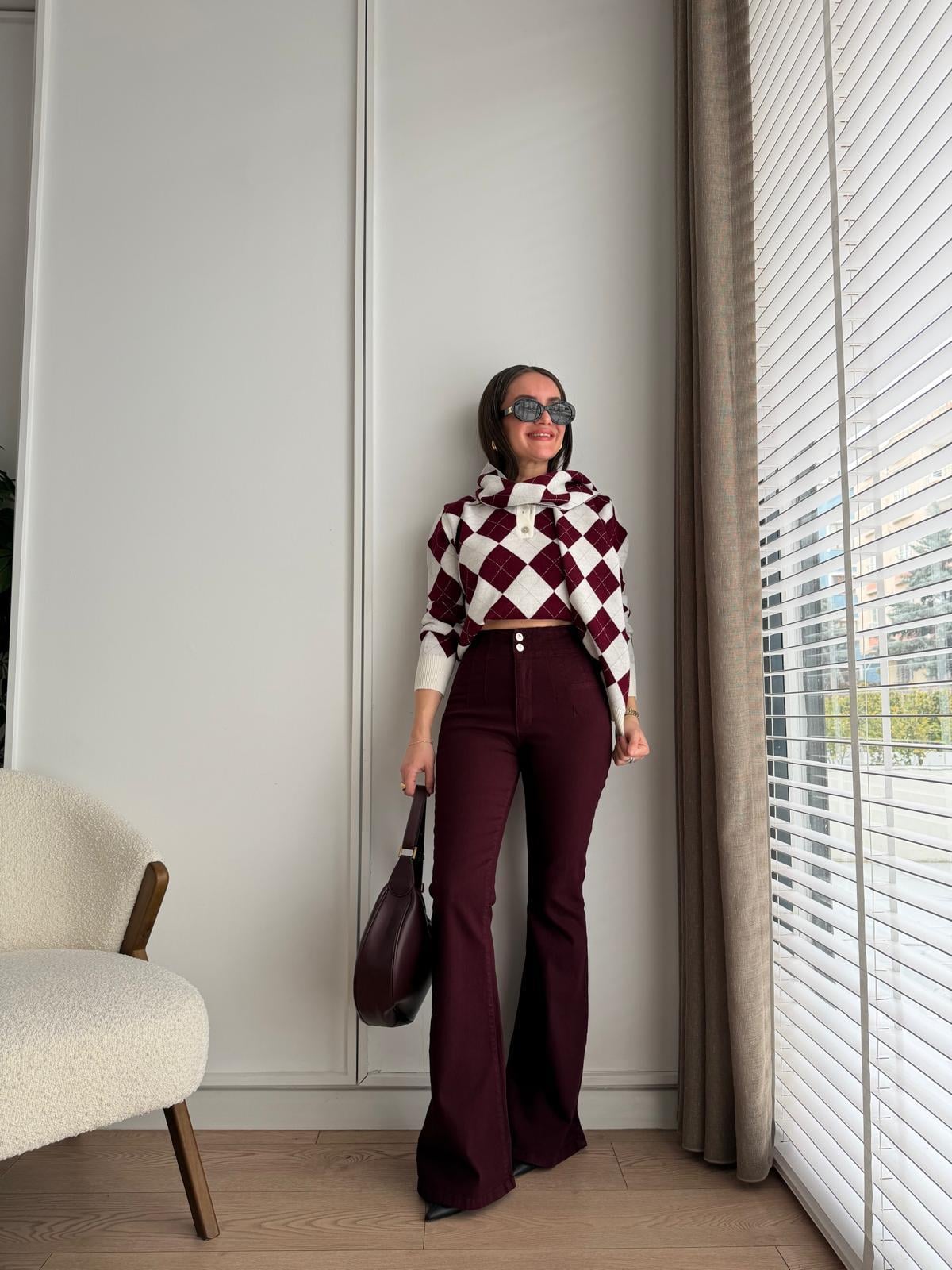 Bordo Yüksek Bel Pensli İspanyol Paça Jean 7021