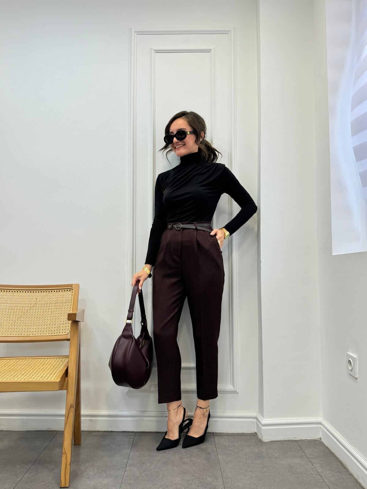 Bordo Yün Efekt Kemerli Lastikli Kumaş Pantolon 0651