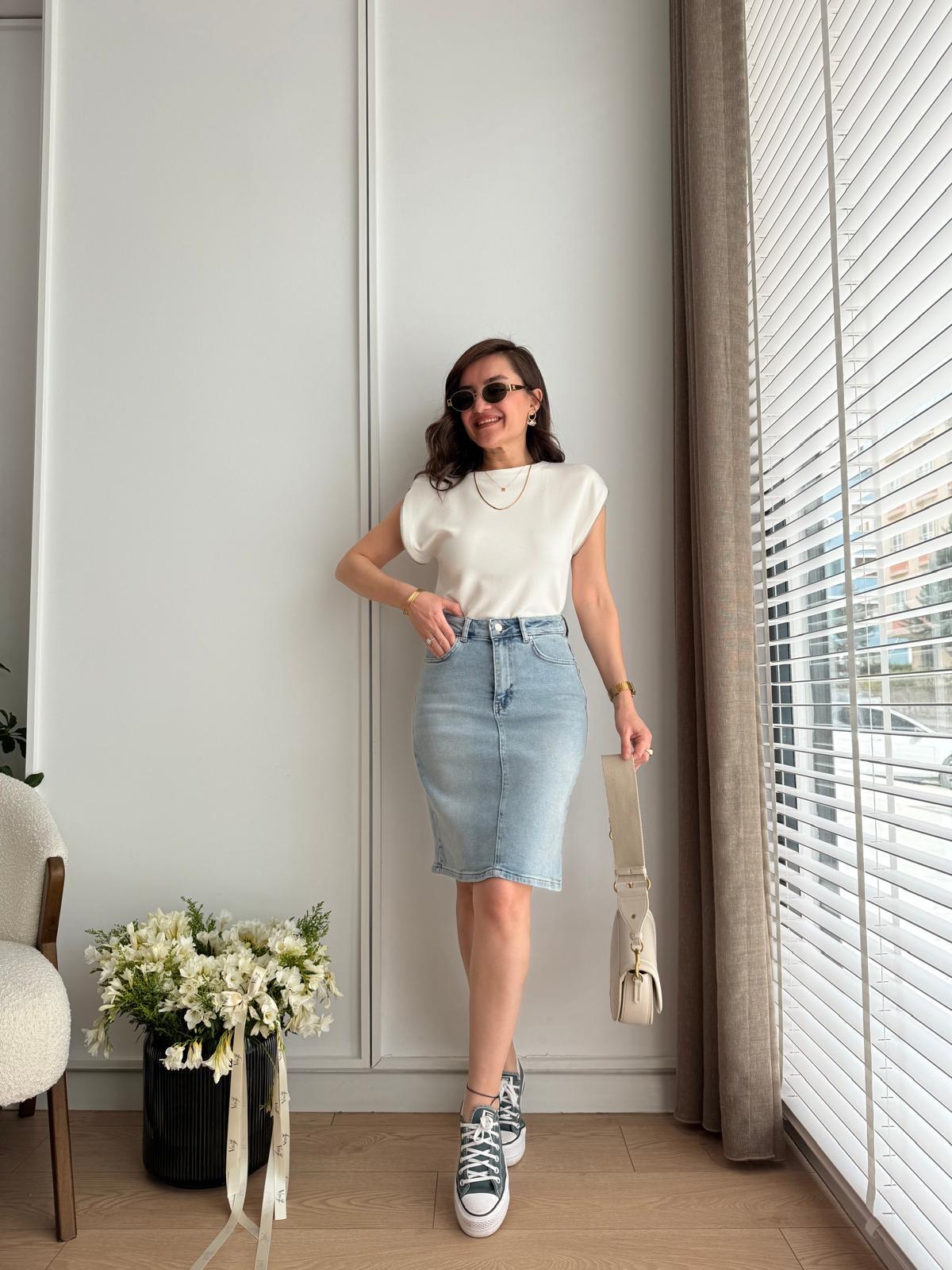 Buz mavisi Cepli Denim Etek 1039