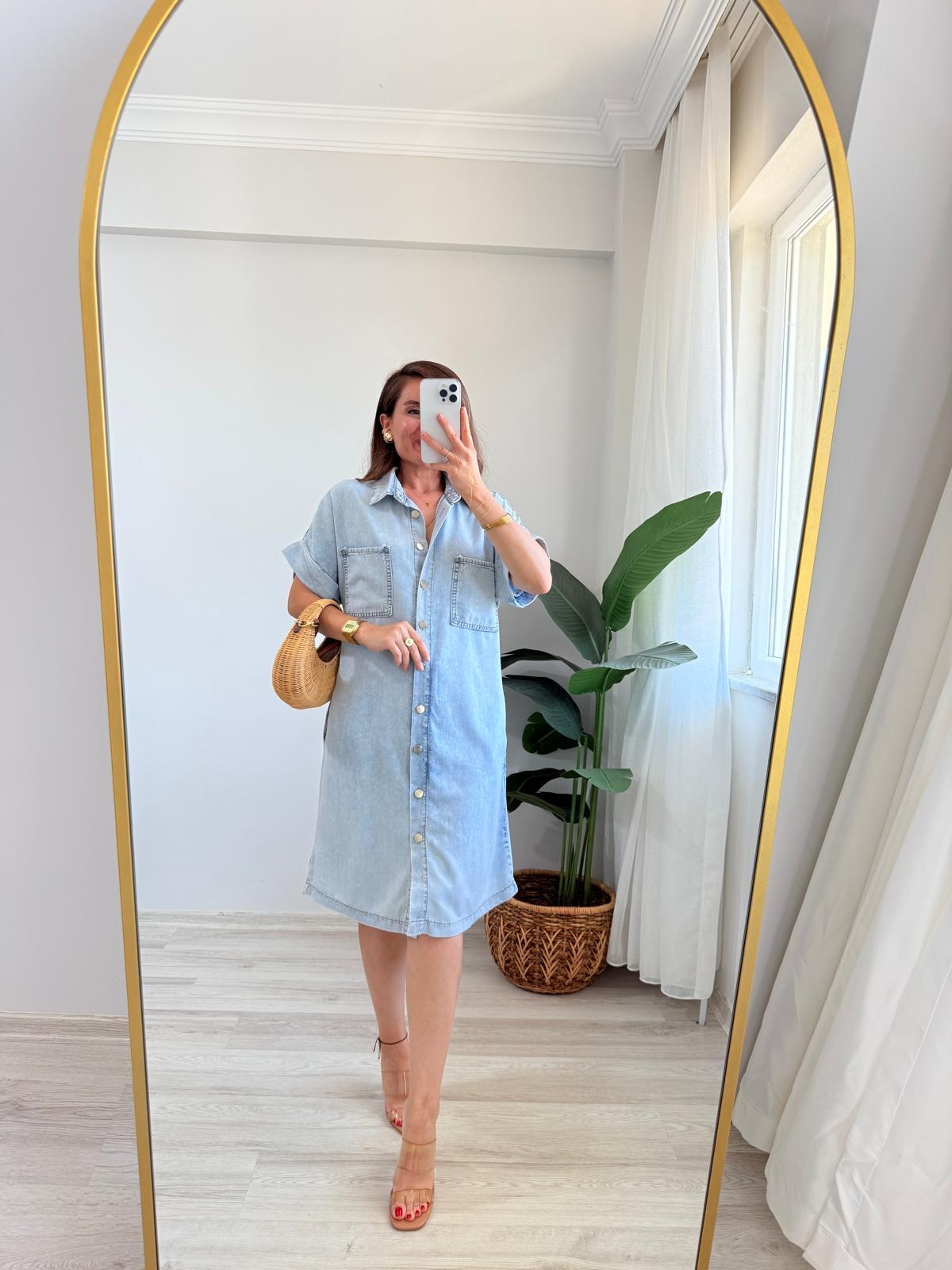 Buz mavisi Cepli Kısa Kol Denim Elbise 7135