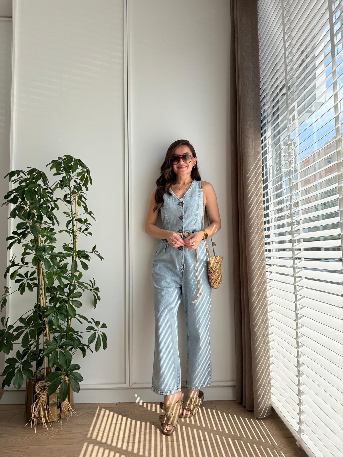 Buz mavisi Düğmeli Hasır Kemer Detaylı Denim Tulum 1037
