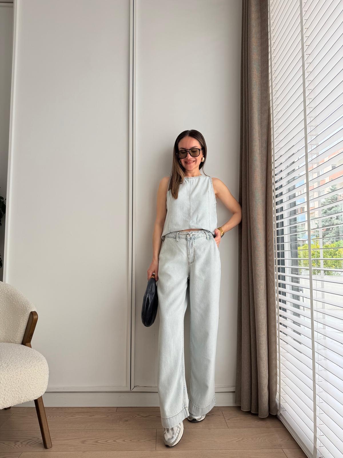 Buz mavisi Sıfır Kol Arkası Fermuarlı Denim Bluz Takım 0001