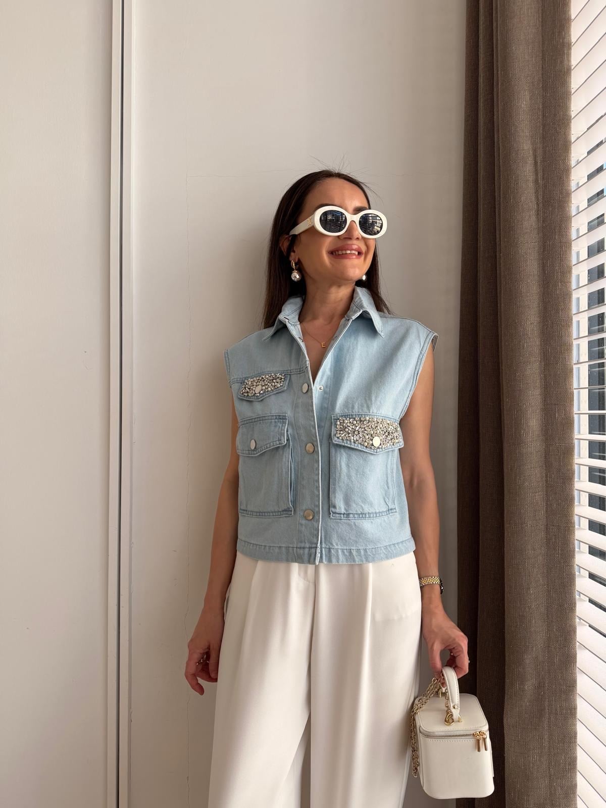 Buz mavisi Taş İşlemeli Cep Detaylı Denim Yelek 37457