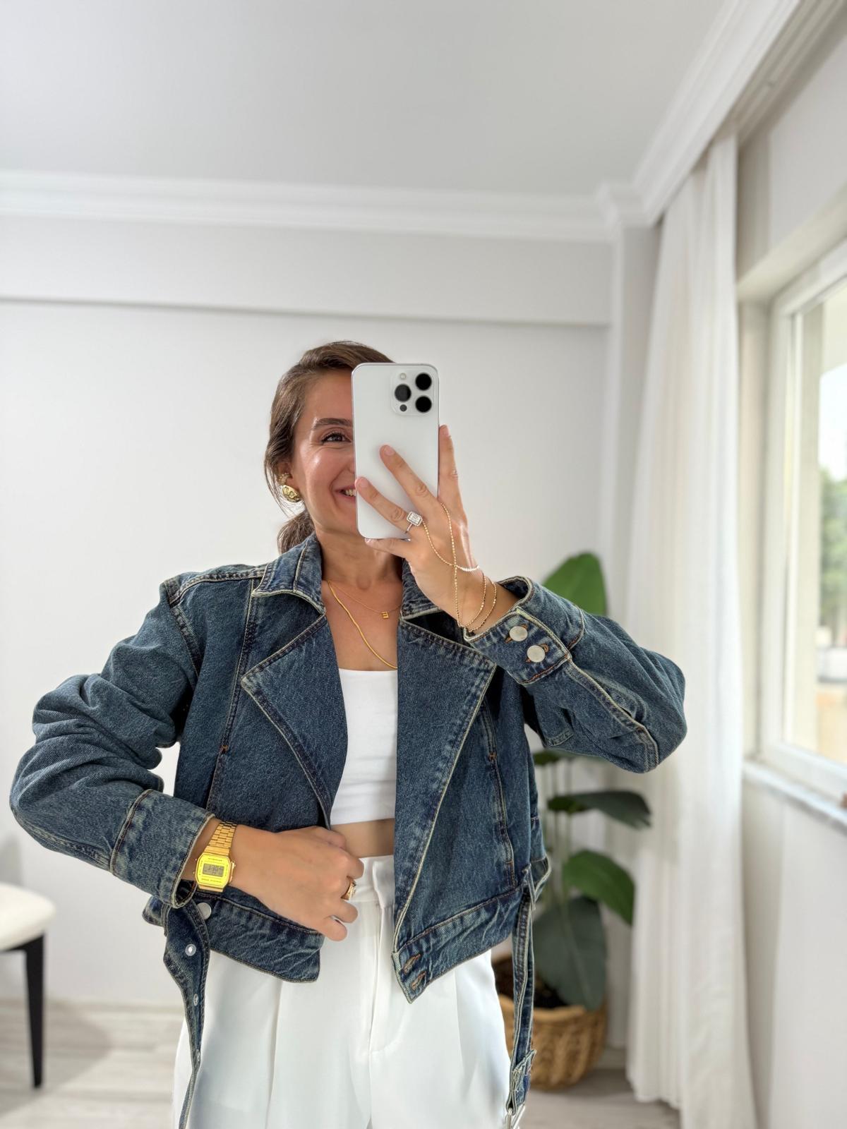 Buz yeşili Kruvaze Yaka Bel Kemer Detaylı Denim Ceket 6026