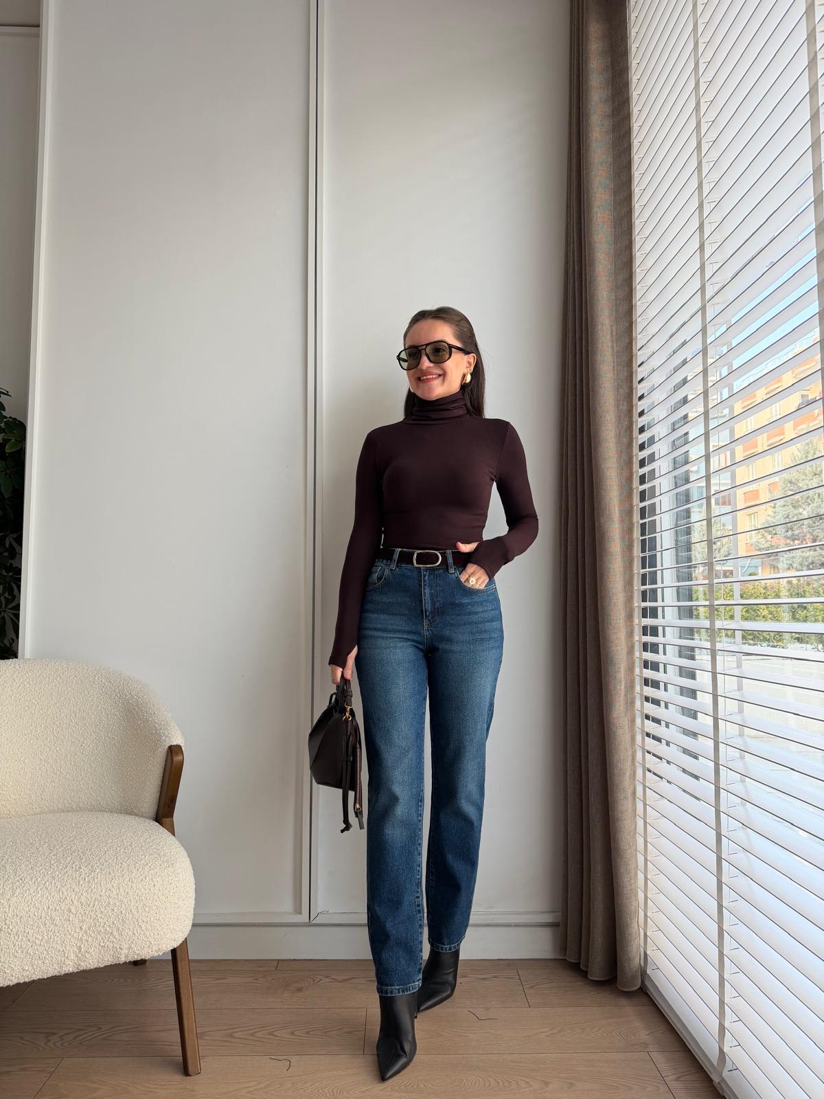 Buz yeşili Yüksek Bel Kemerli Mom Jean 25582