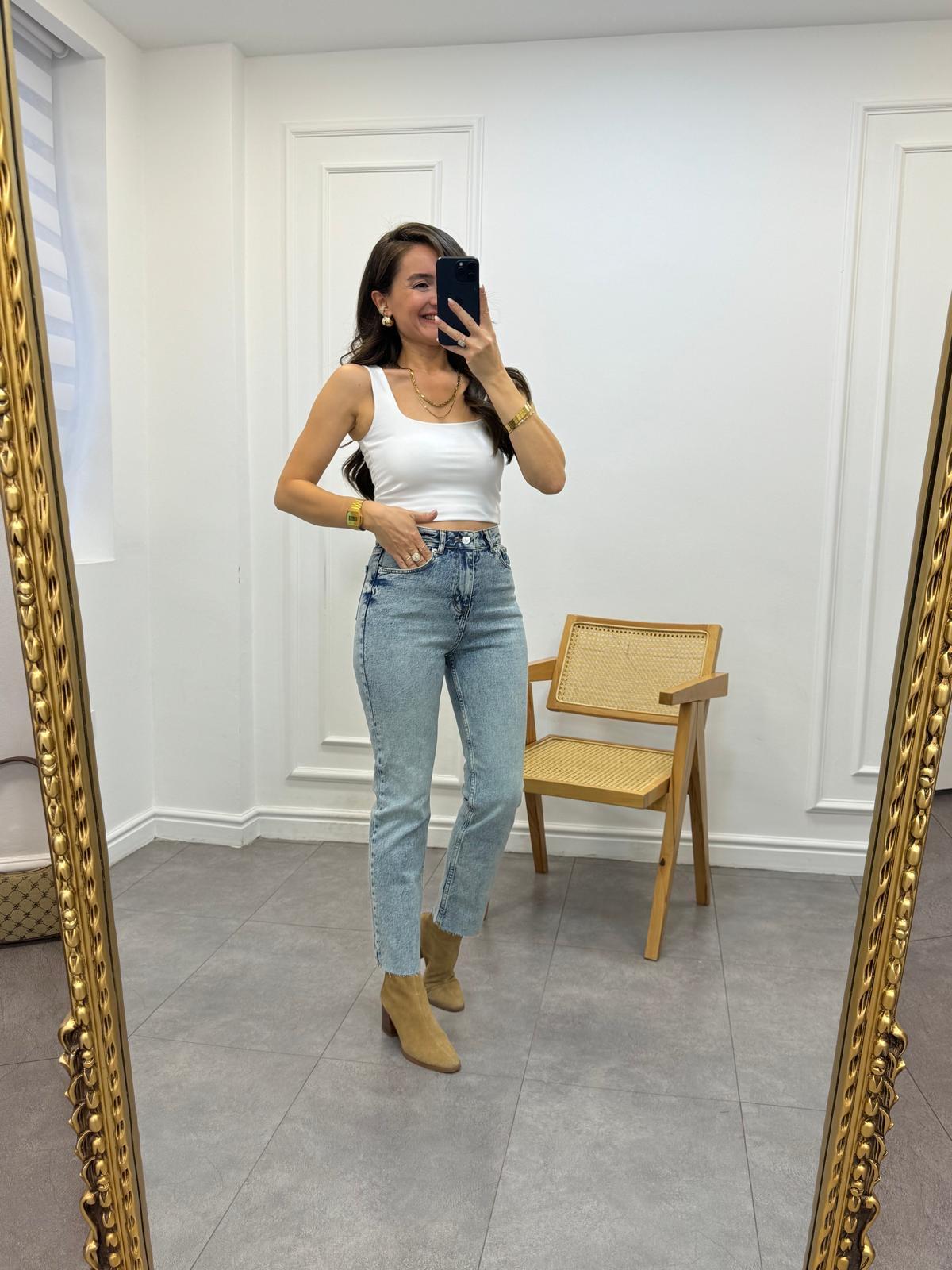 Buz yeşili Yüksek Bel Paçası Kesik Mom Jean 0520