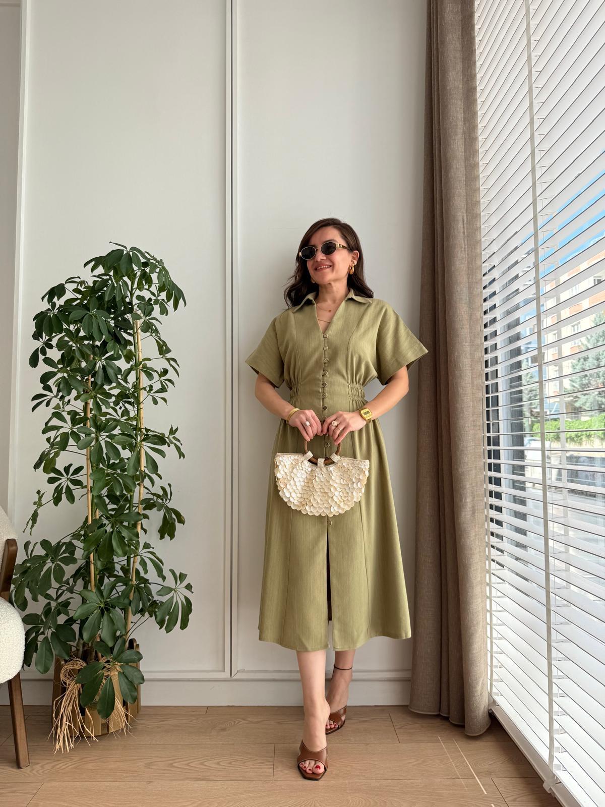 Çağla Bel Detaylı Düğmeli Keten Elbise 2247