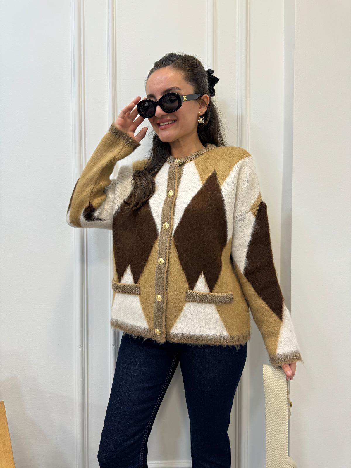 Camel Baklava Desen Cep Detaylı Triko Hırka 241121