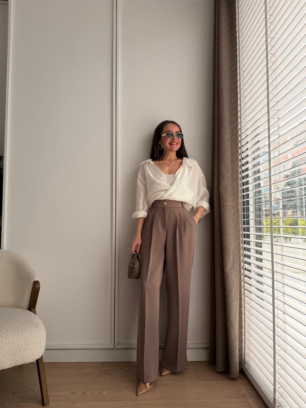 Camel Beli Lastikli Gold Düğmeli Palazzo Pantolon KA4386