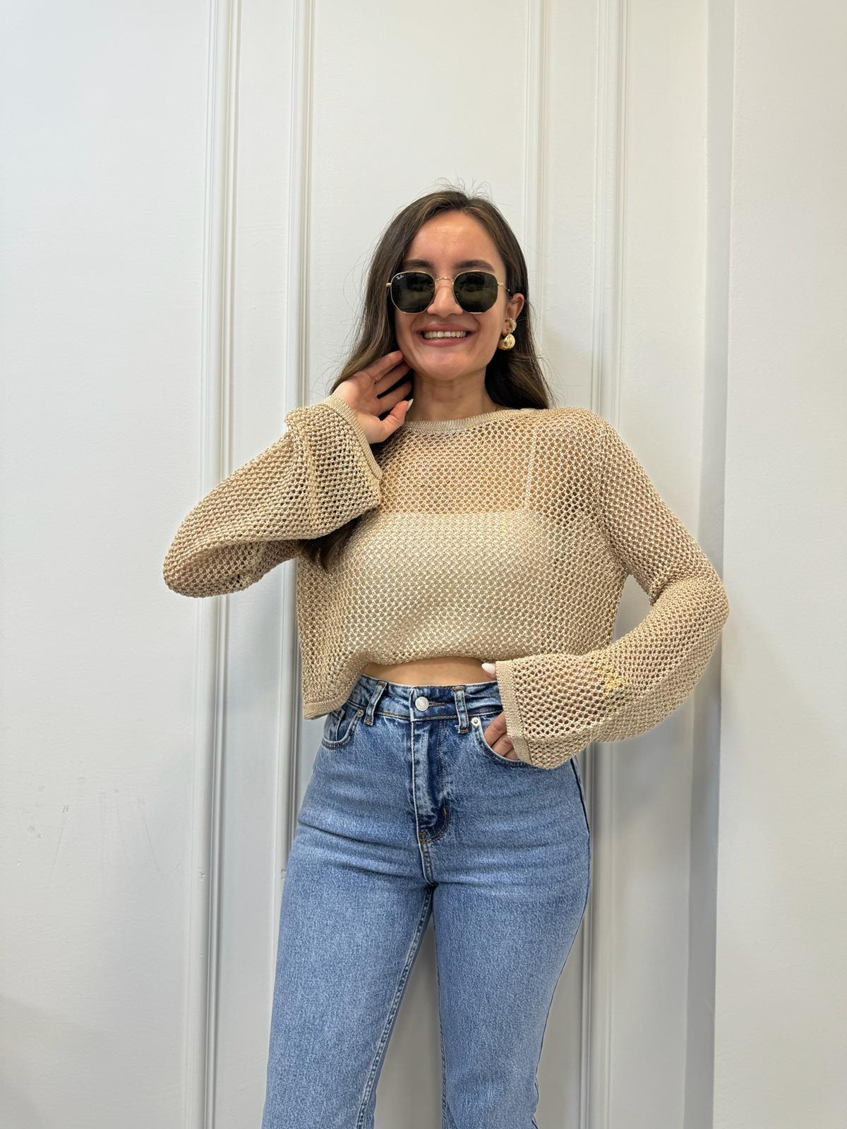 Camel Bisiklet Yaka Ajur Desen Crop Kazak 10350