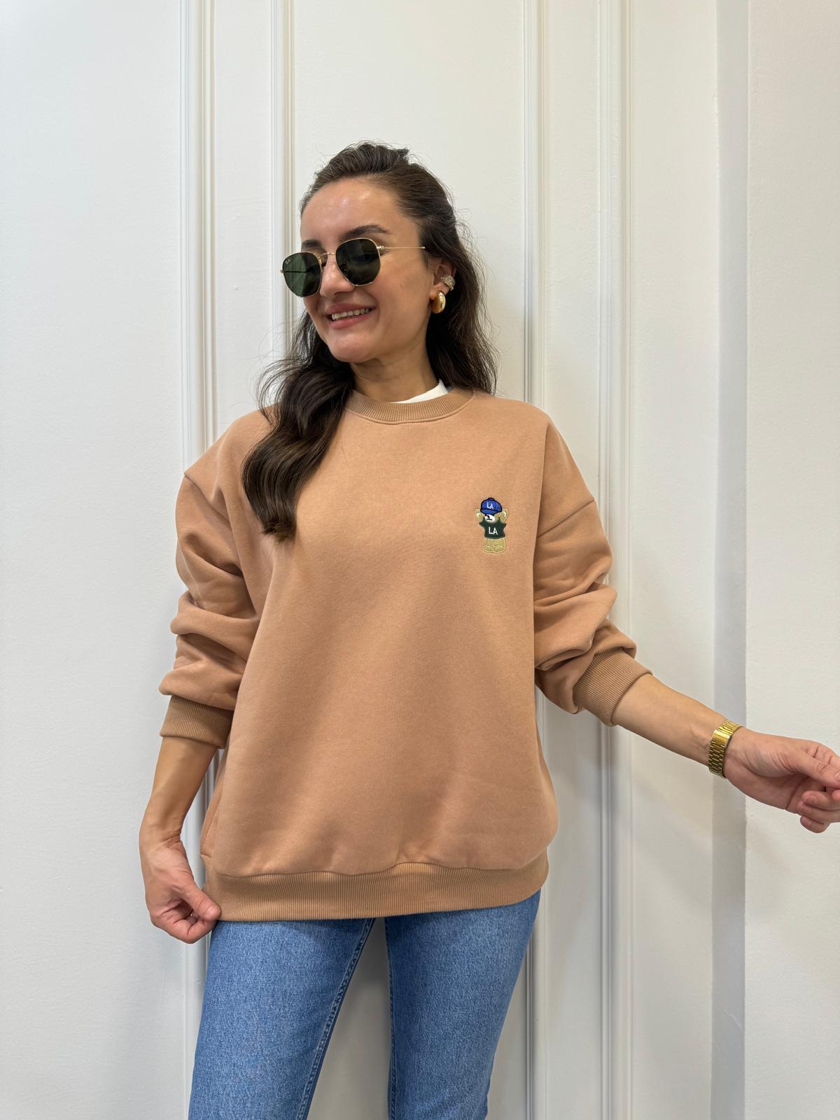 Camel Bisiklet Yaka Ayıcık Nakışlı Şardonlu Sweatshırt 241003