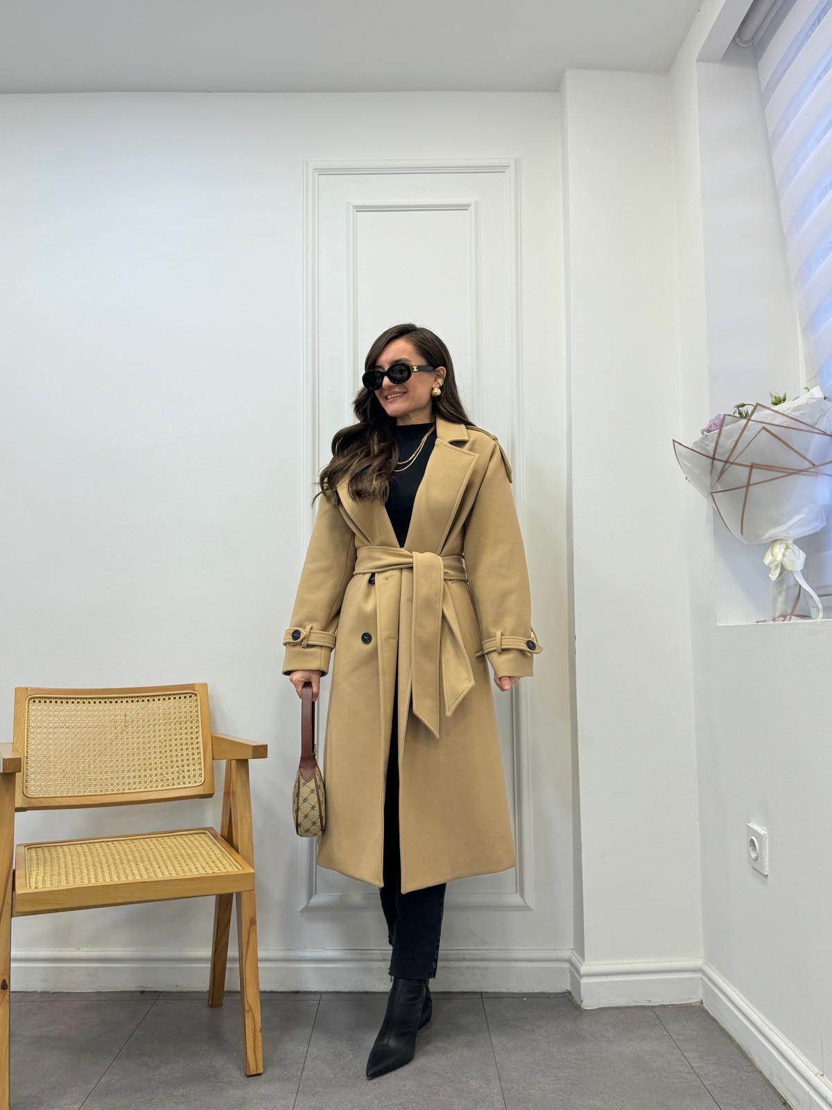 Camel Düğme Detaylı Kuşaklı Astarlı Kaşe 0264