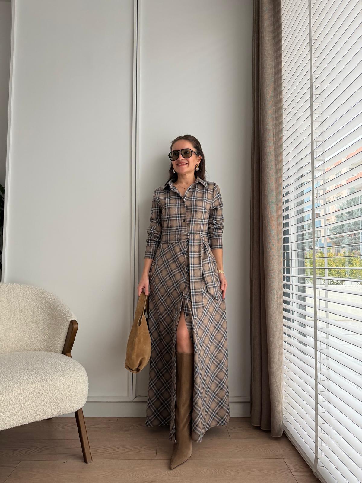 Camel Ekose Desenli Kuşaklı Gömlek Elbise 0612