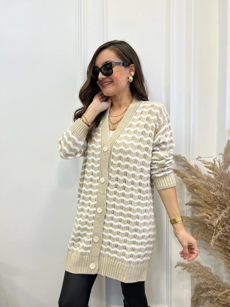 Camel Ekru Zigzag Desenli Sakallı Hırka M03