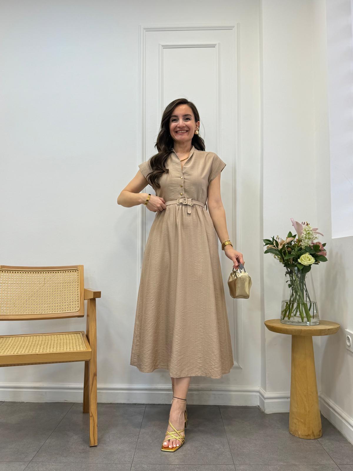 Camel Gold Düğmeli Bel Lastikli Elbise 3440