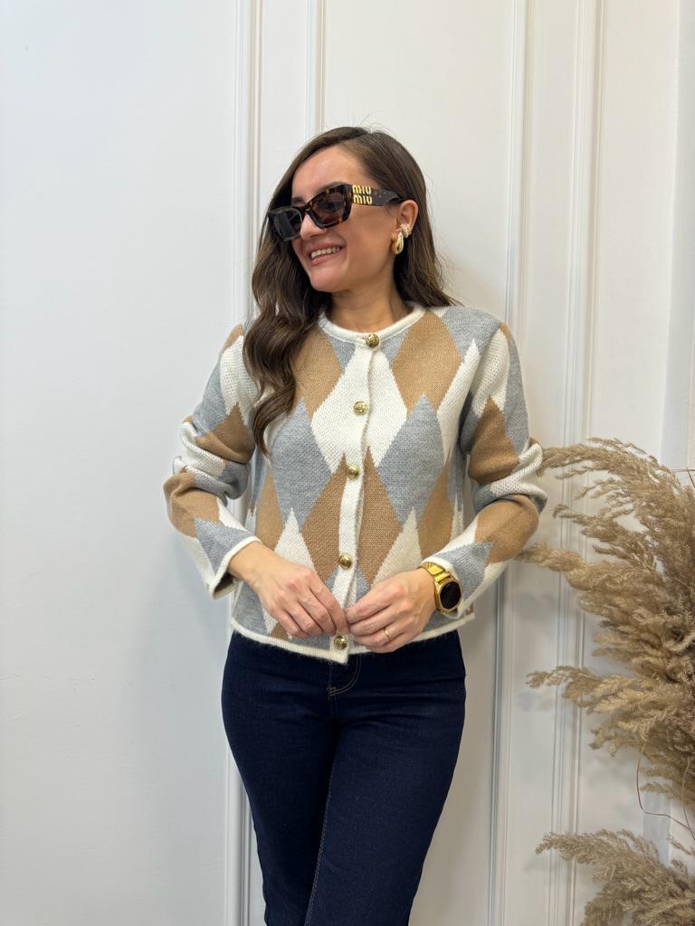 Camel Gri Desenli Önü Gold Düğme Detaylı Hırka 4153